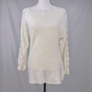 Stunning Passioni Cream Pullover Sweater with Embroidered Cut-out Sleeves, Size